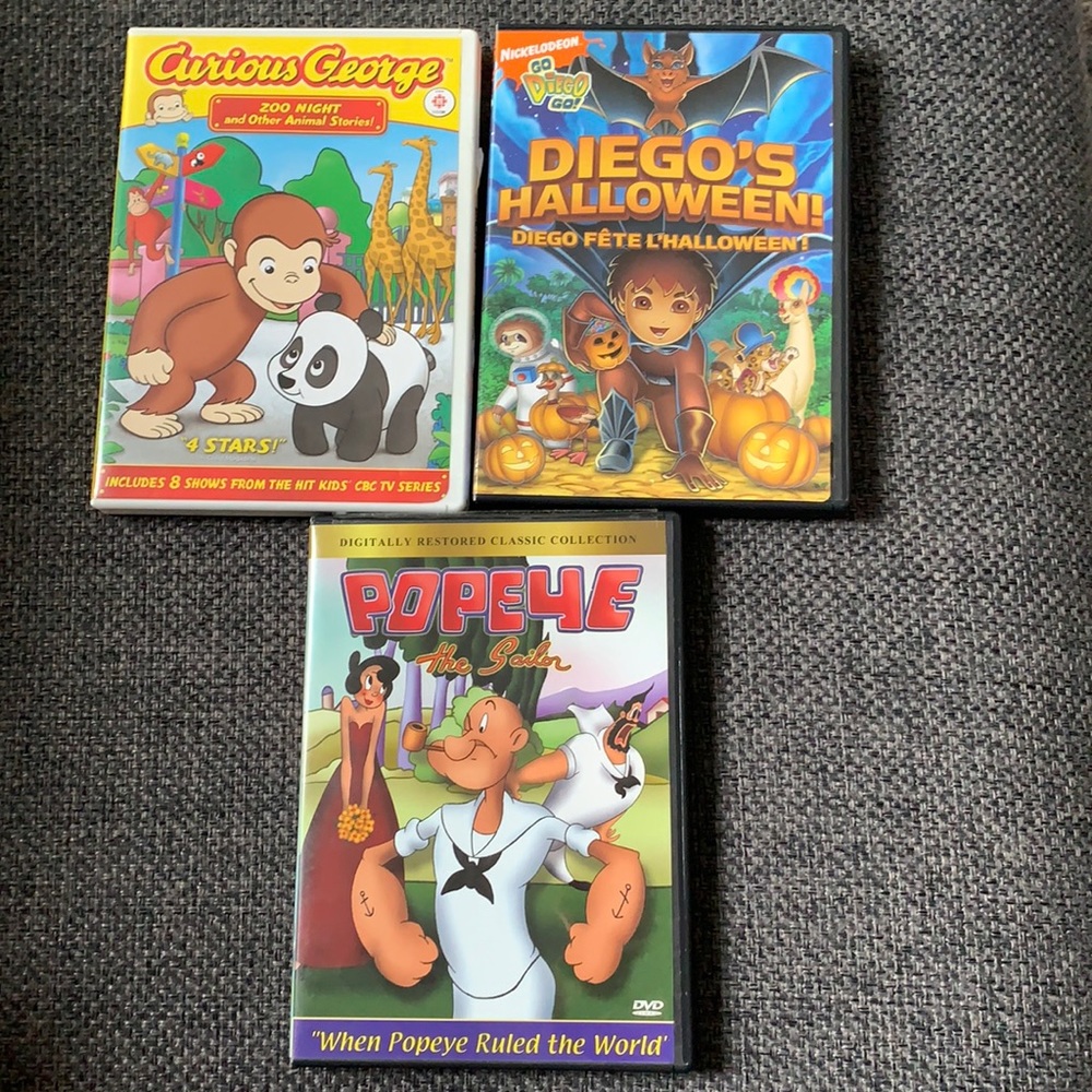 Set of Three DVDs - Curious George, Diego, Popeye